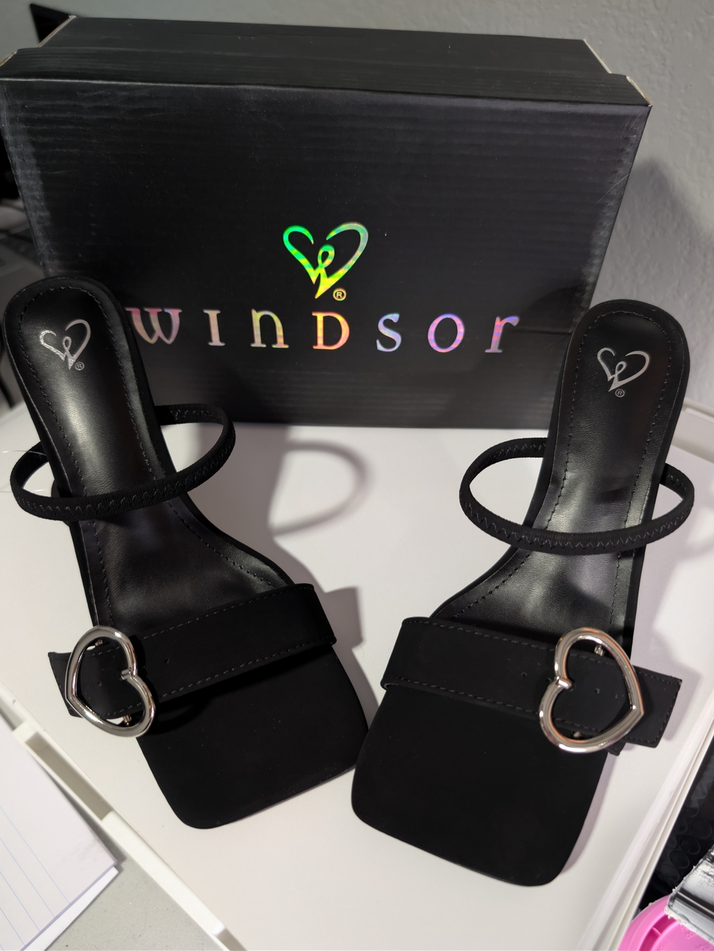 Windsor Black Heart-Buckle Slide Sandals New With Tags SIZE 7